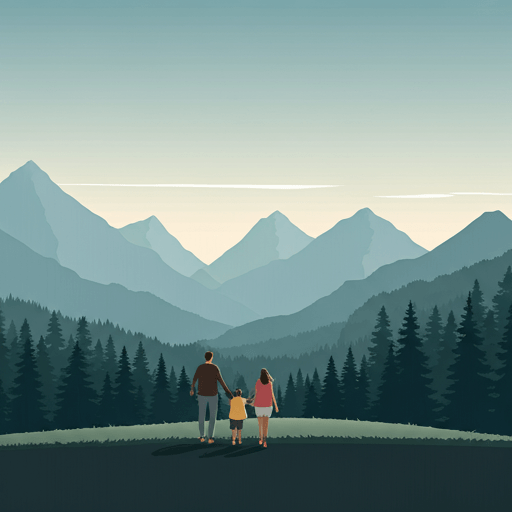 Family overlooking mountains
