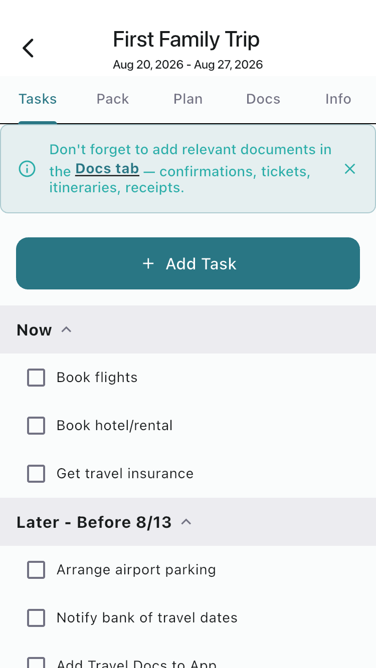 FamGo Tasks tab with prep tasks grouped into Now and Later