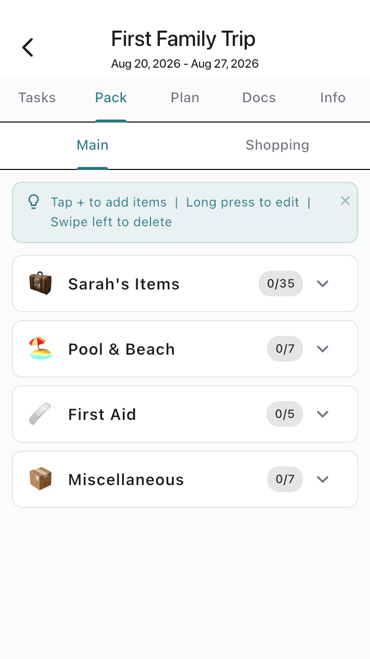 FamGo Pack tab with auto-generated packing lists per traveler
