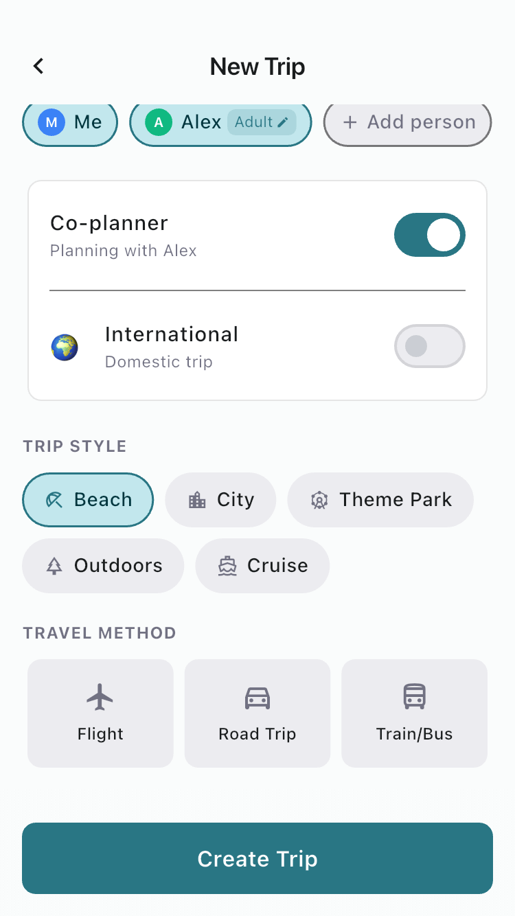 FamGo New Trip screen showing trip style and co-planner options